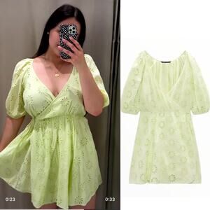 ZARA OPENWORK EMBROIDERED DRESS LIGHT YELLOW